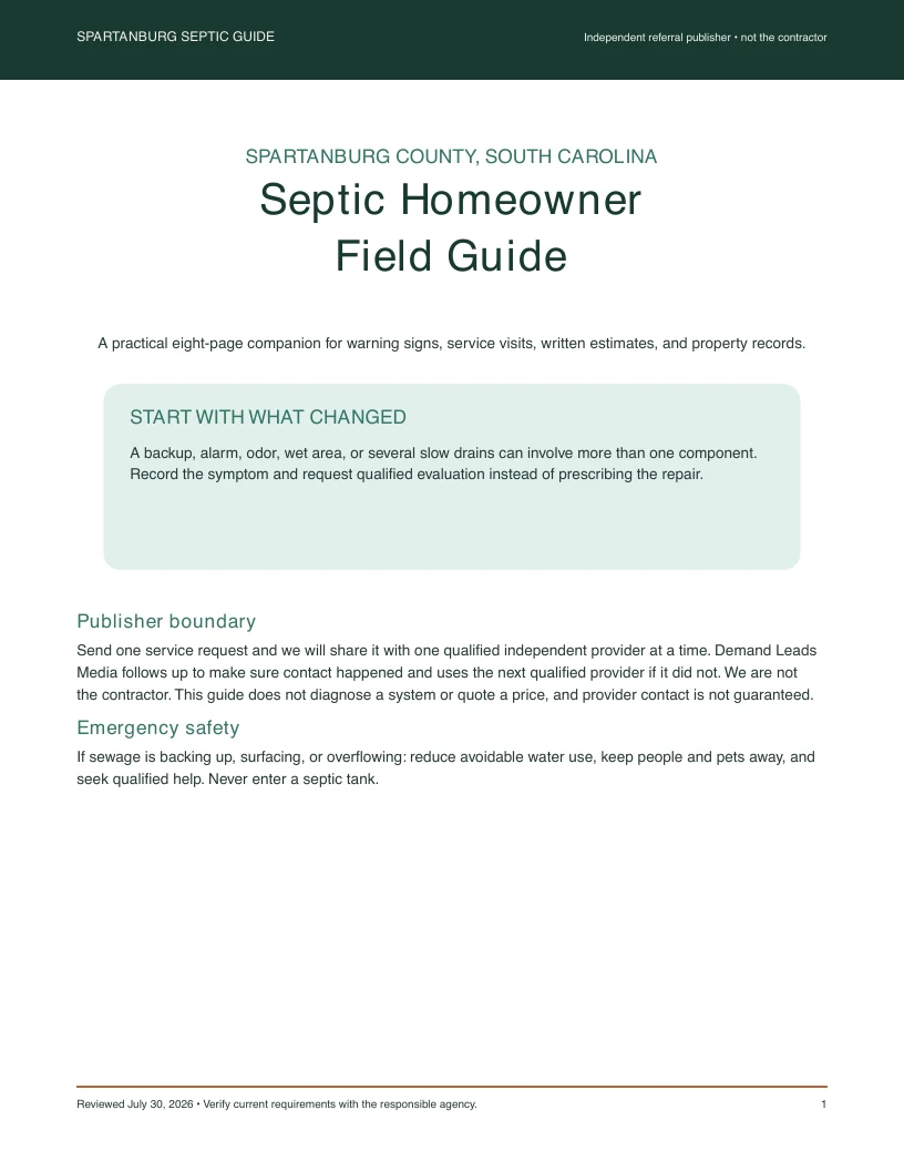 Actual cover page of the Spartanburg Septic Guide homeowner field guide
